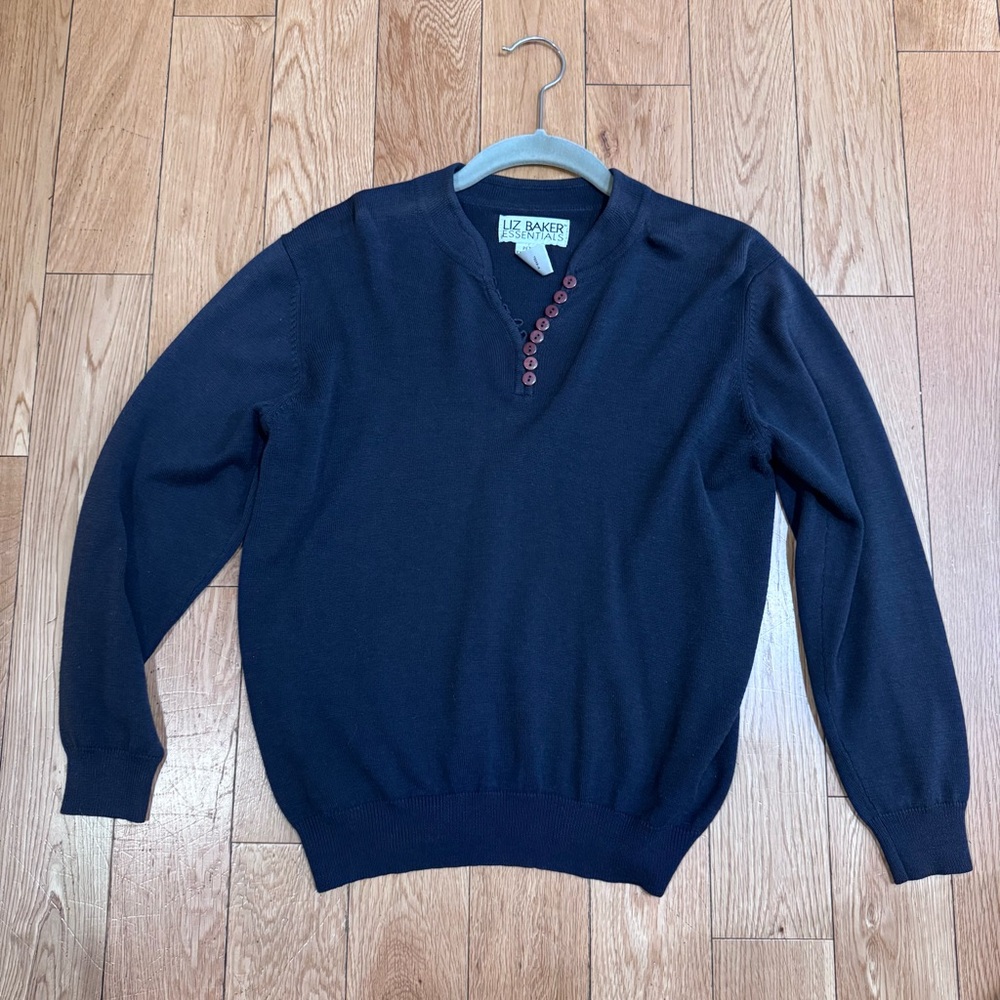 Liz Baker Navy V-Neck Sweater with Button Placket Petite XS